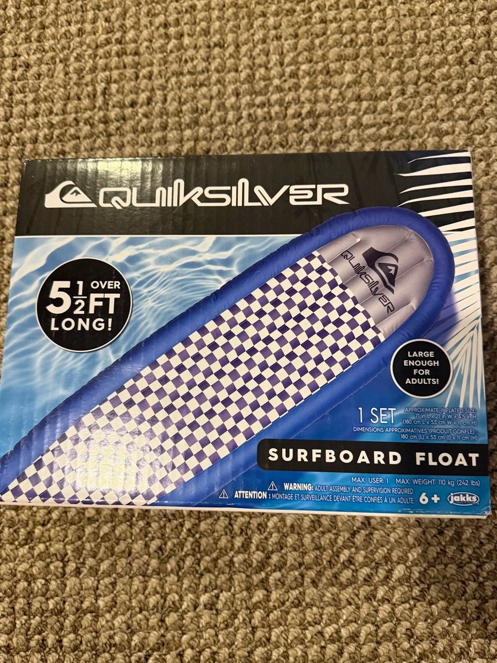 NWT Quiksilver Blue and White Check Inflatable Surfboard Float